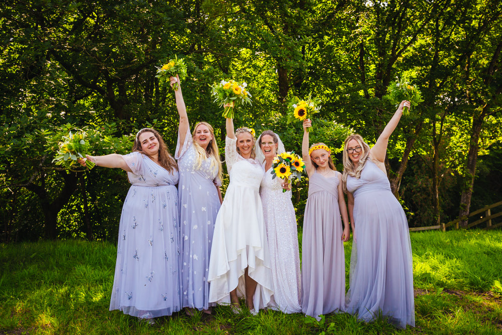Lilac Bridesmaids Purple Dresses Dress Sunflowers Bouquets Hidden River Barn Wedding Kirsty Rockett Photography
