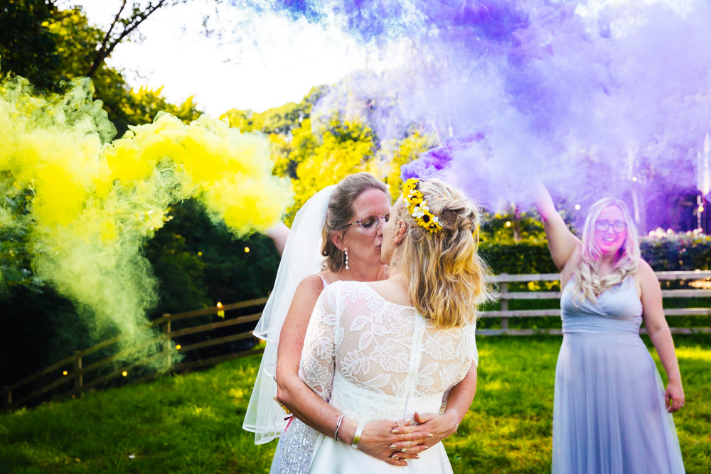 Hidden River Barn Wedding Kirsty Rockett Photography Yellow Purple Smoke Bombs