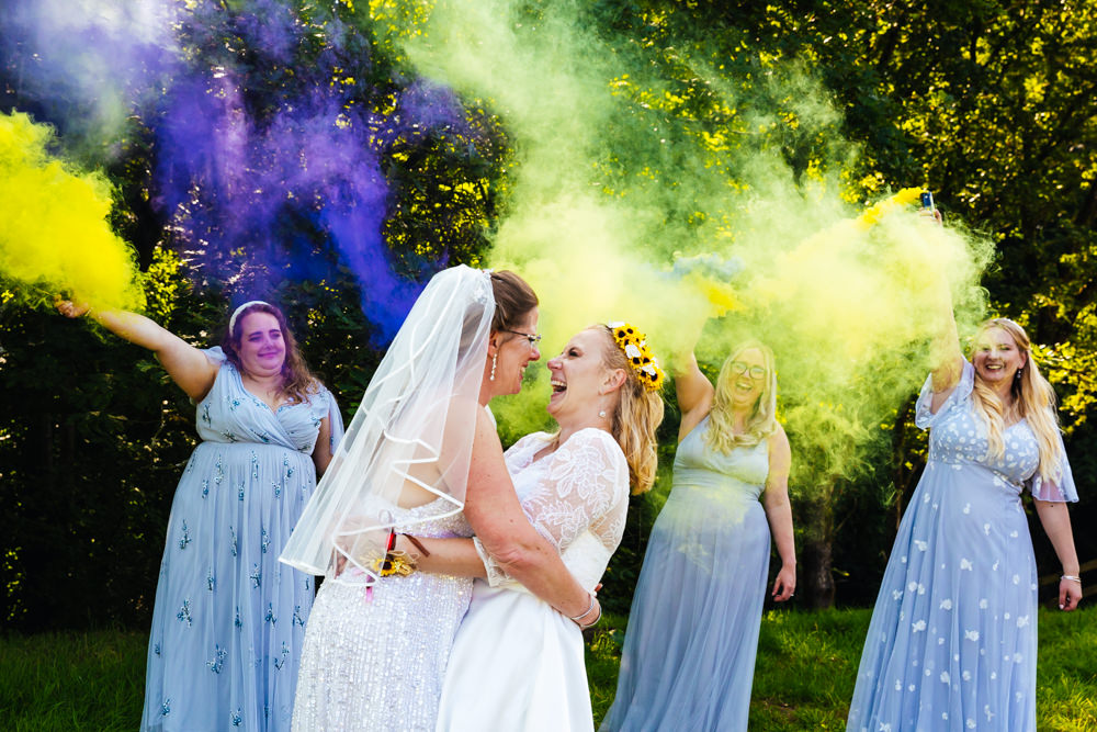 Hidden River Barn Wedding Kirsty Rockett Photography Yellow Purple Smoke Bombs