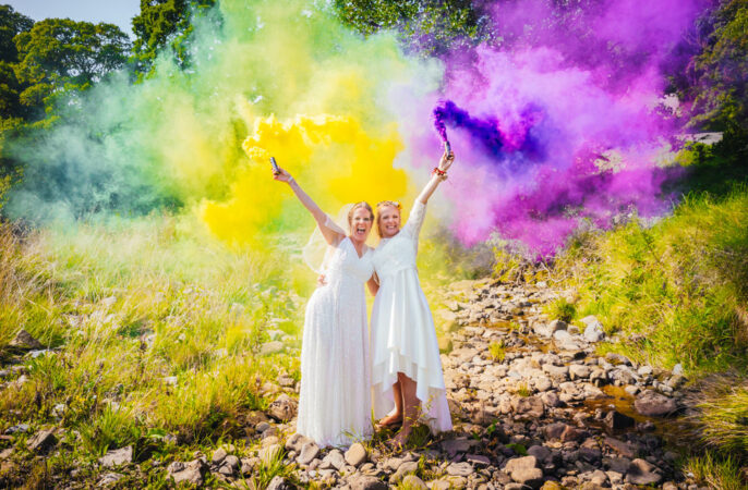 Hidden River Barn Wedding Kirsty Rockett Photography Yellow Purple Smoke Bombs Photo Portrait