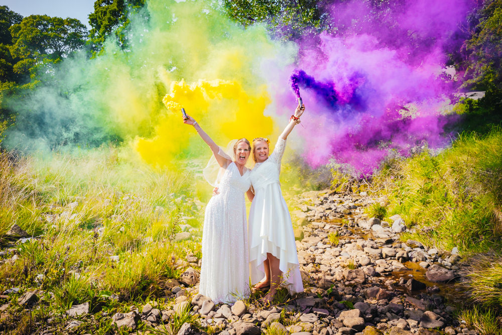 Hidden River Barn Wedding Kirsty Rockett Photography Yellow Purple Smoke Bombs Photo Portrait