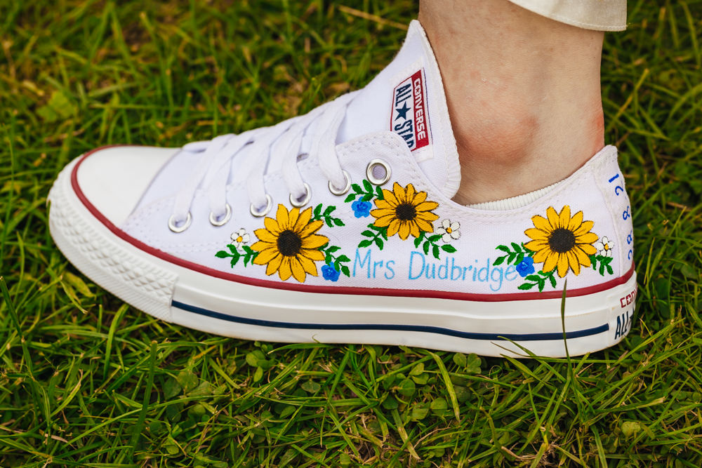 Personalised Shoes Converse Sunflowers Hidden River Barn Wedding Kirsty Rockett Photography