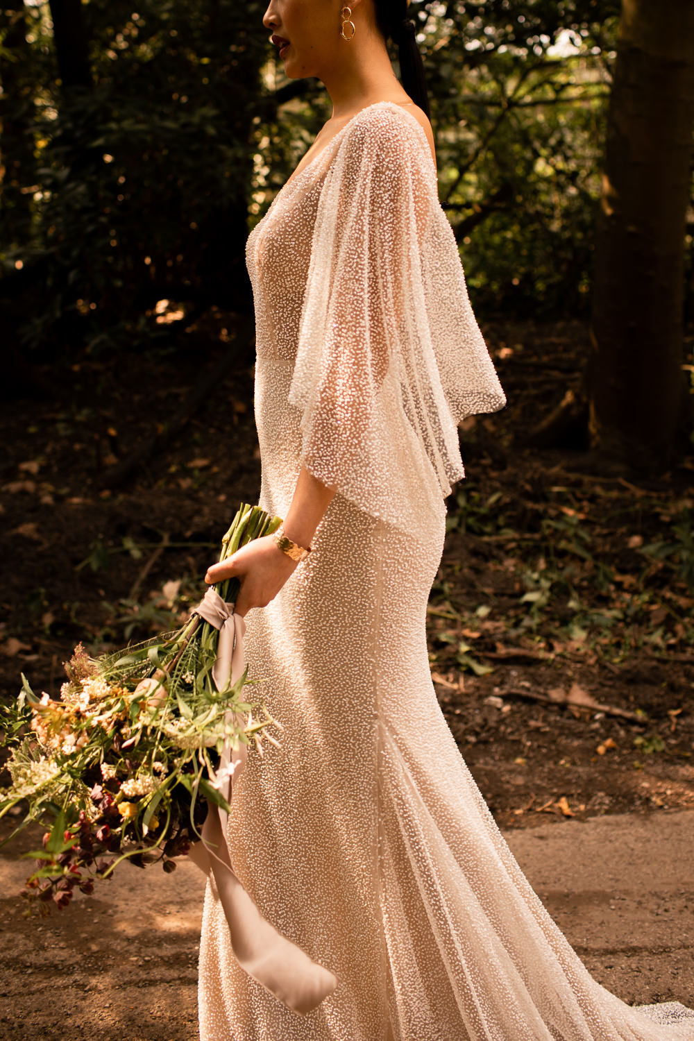Dress Gown Bride Bridal Sequin Cape Sleeves Natural Outdoor Wedding Lottie Topping