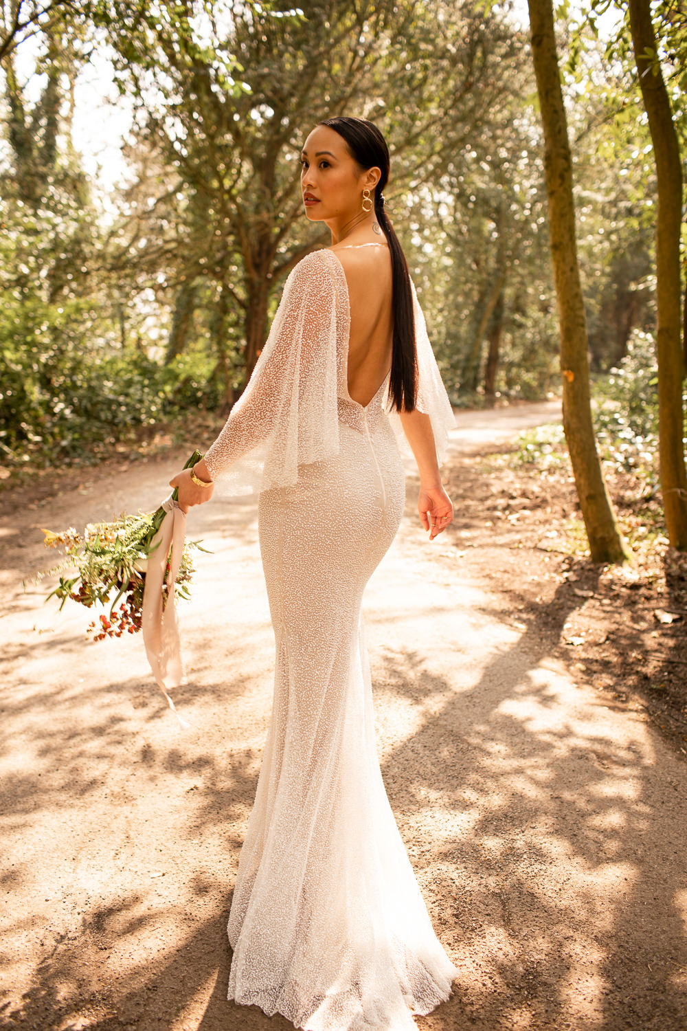 Dress Gown Bride Bridal Sequin Cape Sleeves Natural Outdoor Wedding Lottie Topping