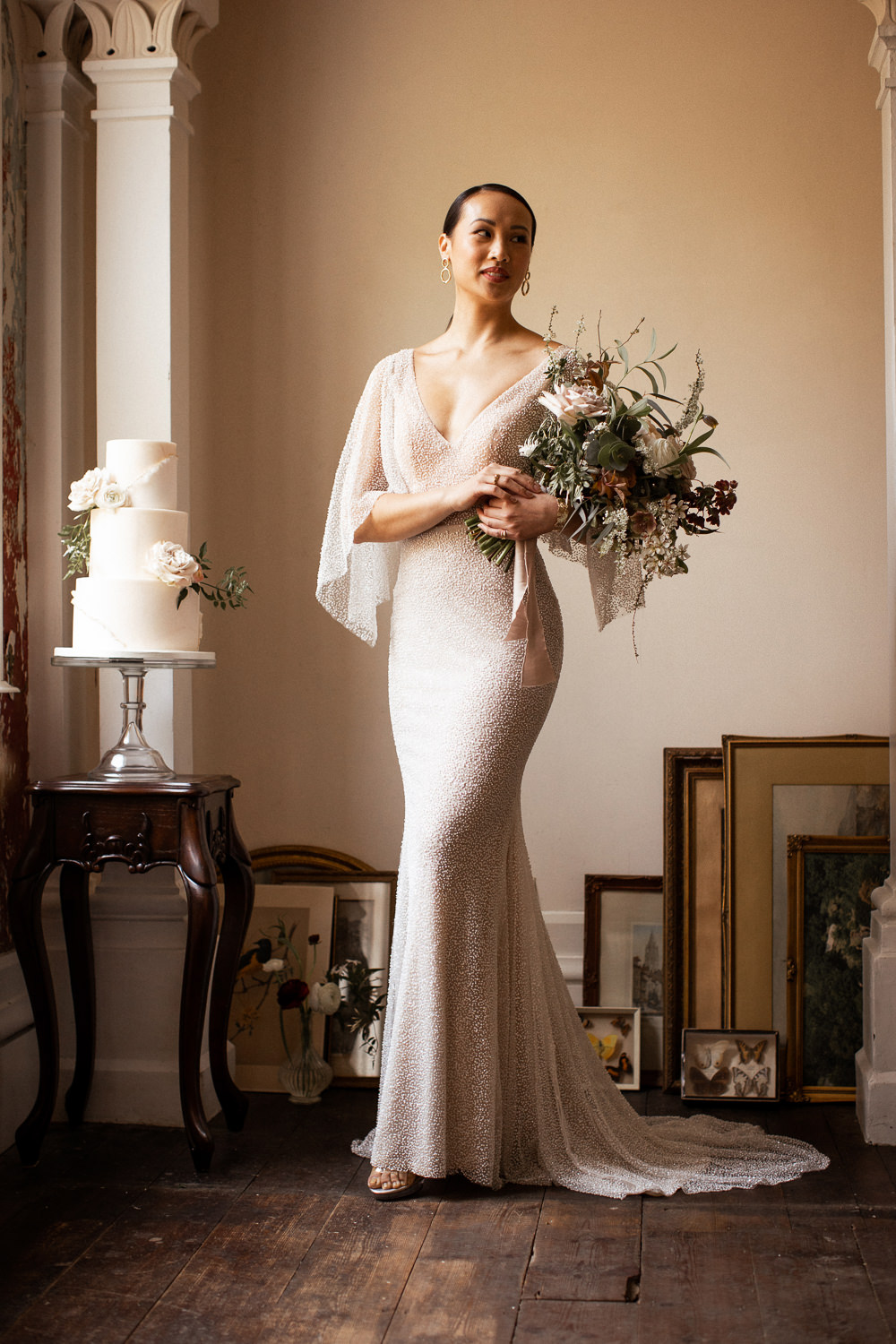 Dress Gown Bride Bridal Sequin Cape Sleeves Natural Outdoor Wedding Lottie Topping