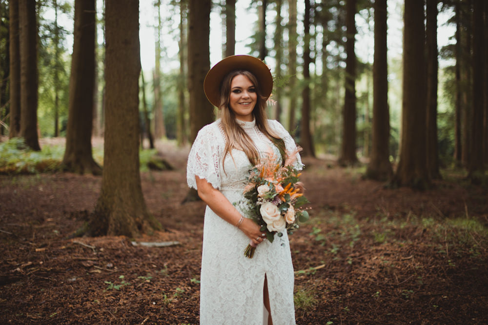 Dress Gown Bride Bridal Lace Boho Hat Flowers New Forest Wedding Sasha Weddings