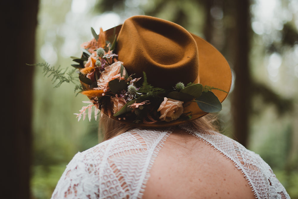 Dress Gown Bride Bridal Lace Boho Hat Flowers New Forest Wedding Sasha Weddings