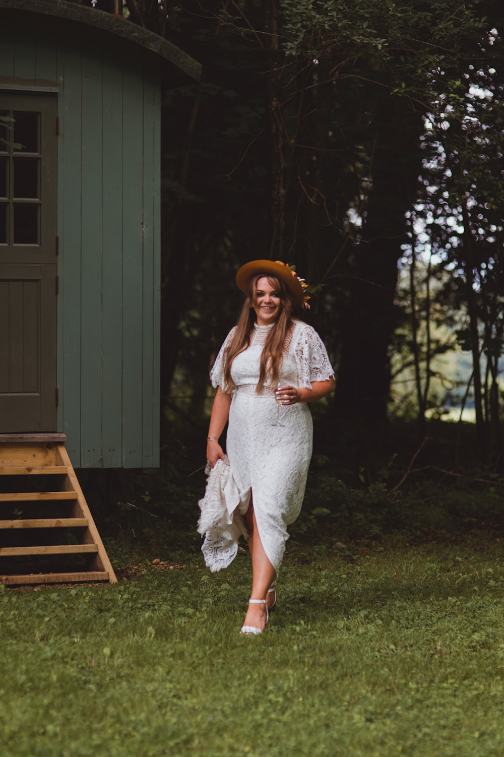 Dress Gown Bride Bridal Lace Boho Hat Flowers New Forest Wedding Sasha Weddings