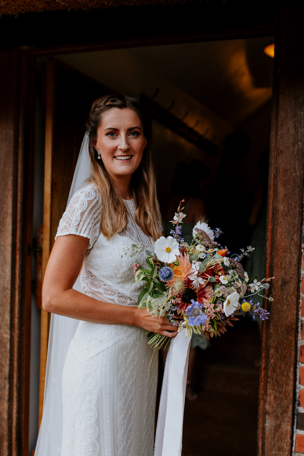 Bouquet Flowers Bride Bridal Pretty Cosmos Ribbon Oxfordshire Pub Wedding PhotoBart