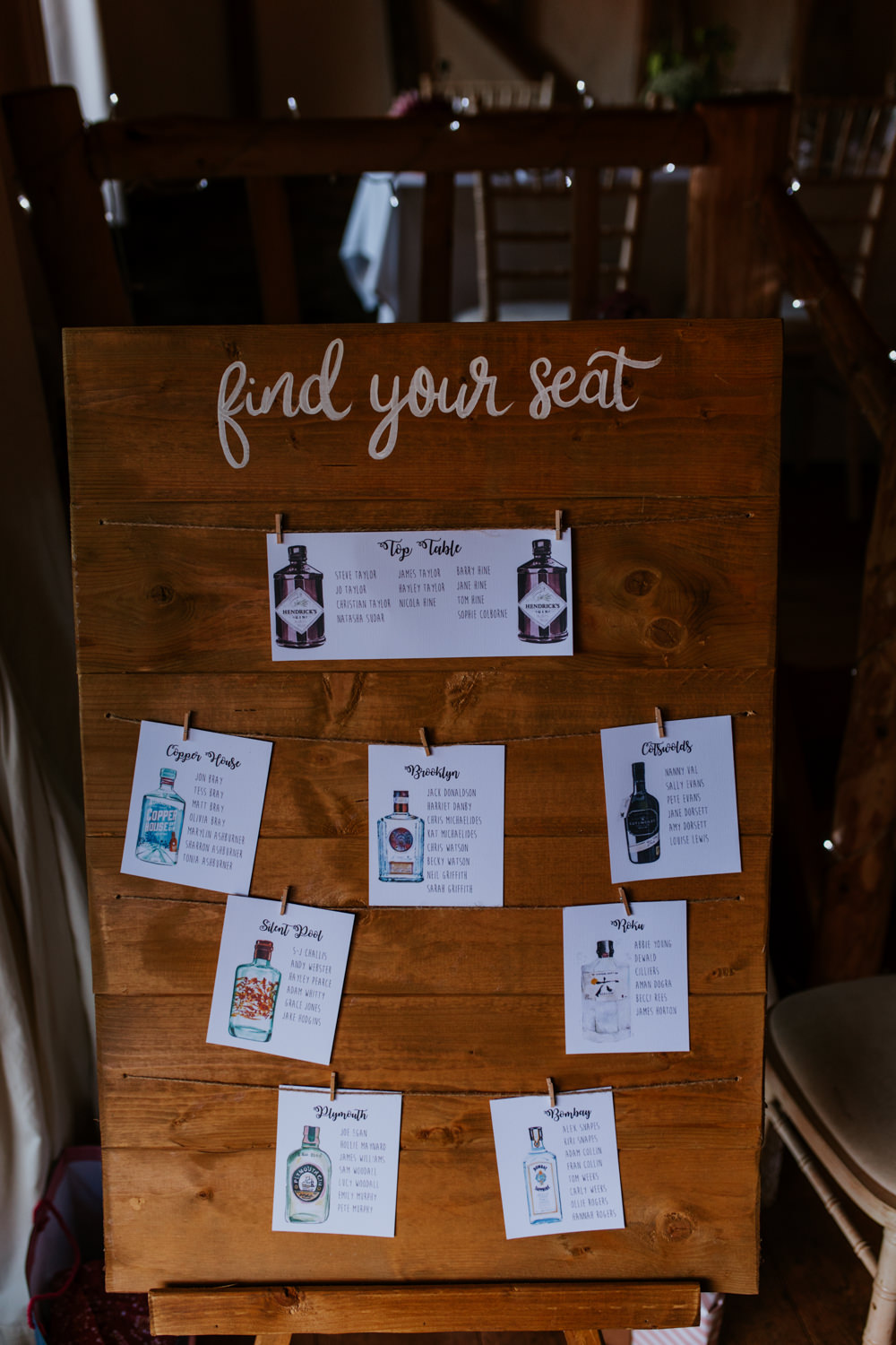 Wooden Table Plan Seating Chart Bottle Drinks Gin Oxfordshire Pub Wedding PhotoBart