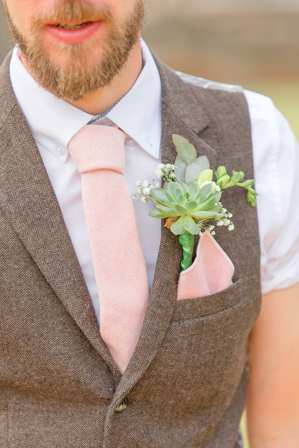 Groom Suit Waistcoat Groomsmen Braces Pink Tie Buttonhole Succulent Paper Mill Wedding Jasmine Skye Photography