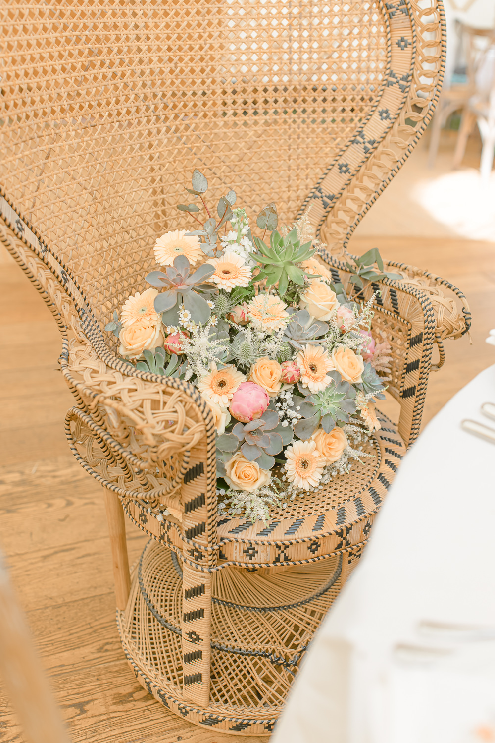 Bouquet Flowers Bride Bridal Succulents Gerbera Rose Coral Peacock Chair Paper Mill Wedding Jasmine Skye Photography