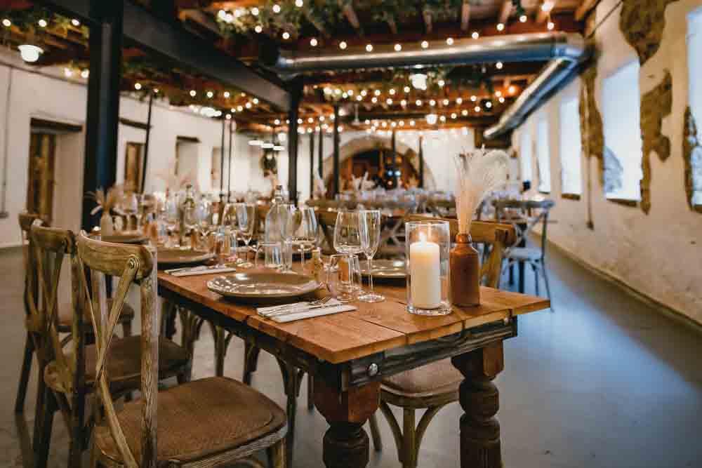 Barn Venue Woode Tables Furniture Festoon Lights Decor Ponden Mill Wedding Heather Butterworth Photography