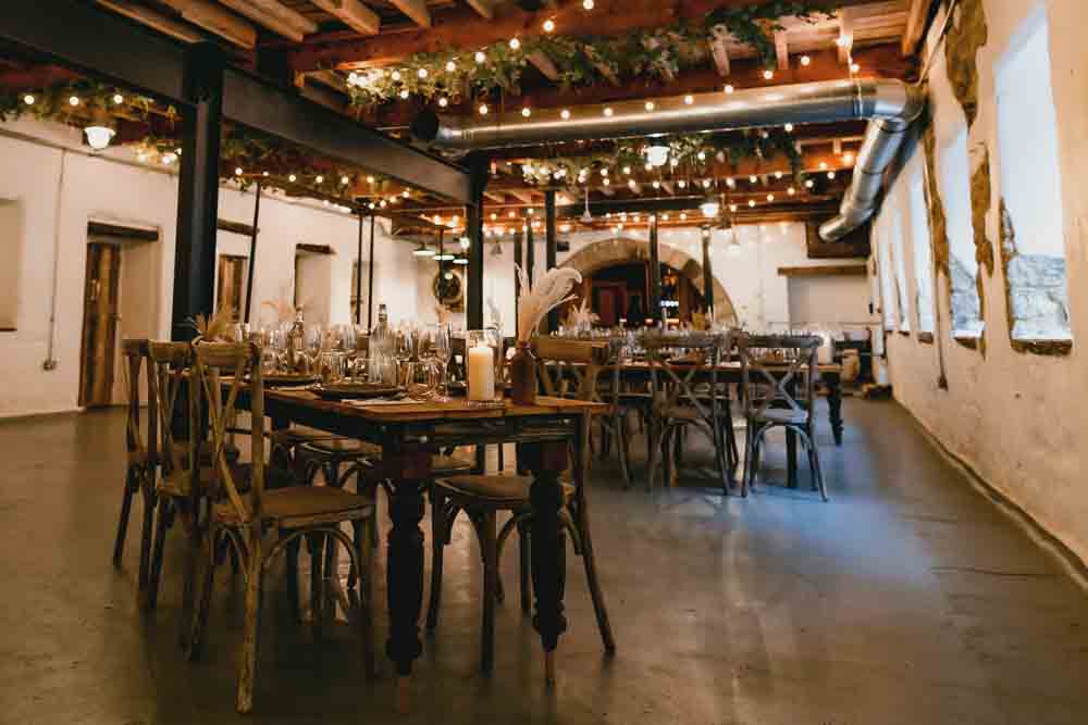 Barn Venue Woode Tables Furniture Festoon Lights Decor Ponden Mill Wedding Heather Butterworth Photography