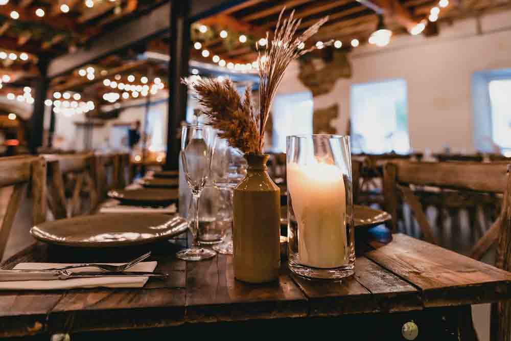 Earthenware Centrepiece Flowers Pampas Grass Decor Ponden Mill Wedding Heather Butterworth Photography