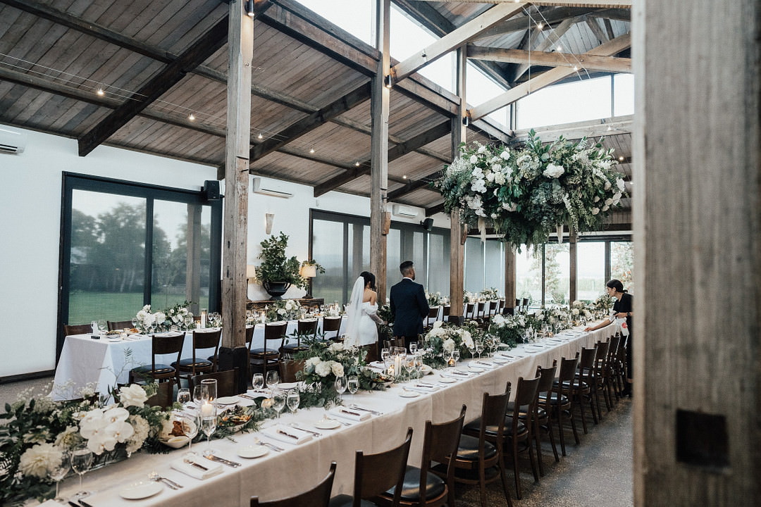 Long Table Greenery White Flowers Suspended Arrangement Stones of the Yarra Valley Wedding Rick Liston Photography