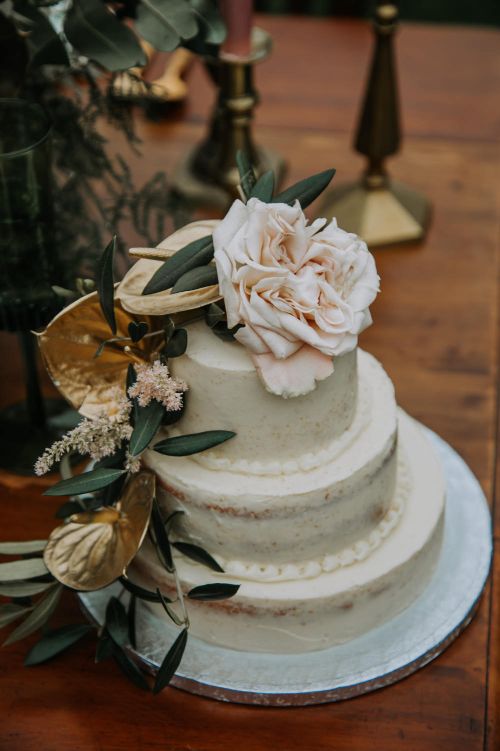 Three Tier Cake Flowers Rose Gold Tea Party Wedding Charly Mae Photography