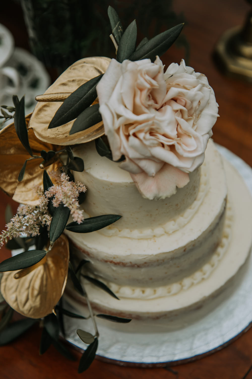 Three Tier Cake Flowers Rose Gold Tea Party Wedding Charly Mae Photography