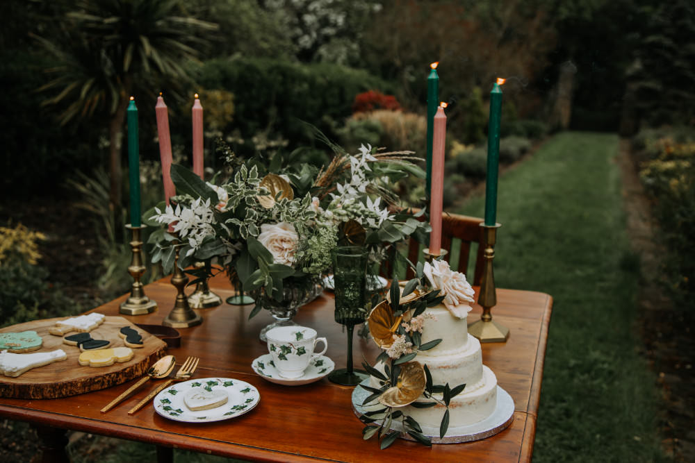 Table Decor Candles Greenery Flowers Pink Green Tea Party Wedding Charly Mae Photography