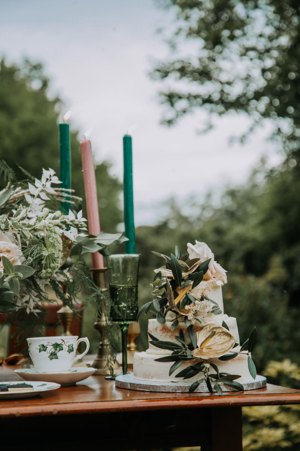 Table Decor Candles Greenery Flowers Pink Green Tea Party Wedding Charly Mae Photography