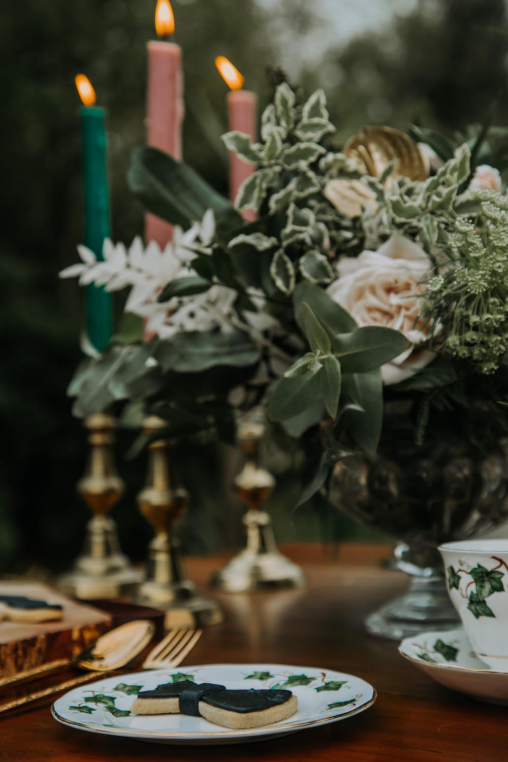 Table Decor Candles Greenery Flowers Pink Green Tea Party Wedding Charly Mae Photography