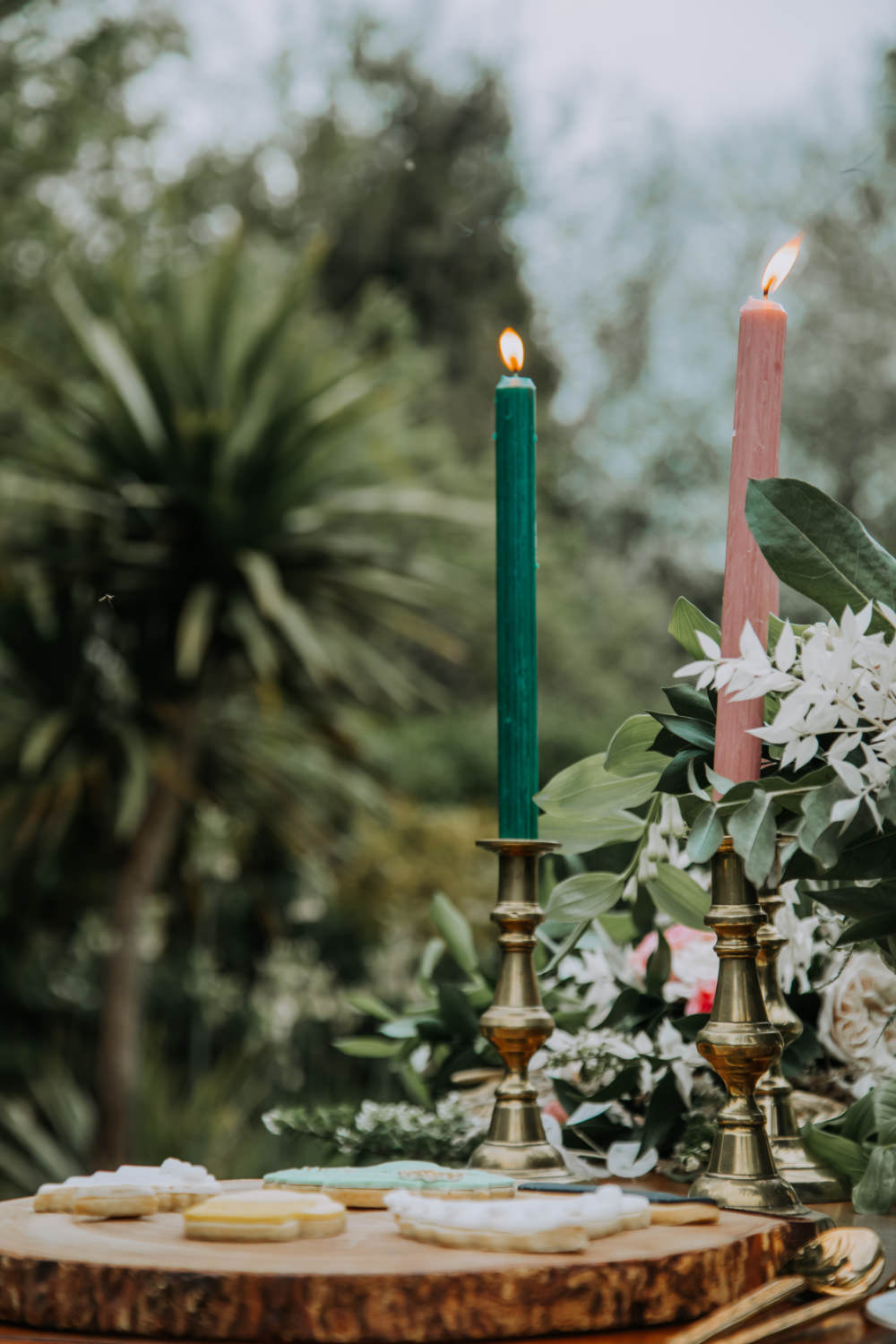 Table Decor Candles Greenery Flowers Pink Green Tea Party Wedding Charly Mae Photography