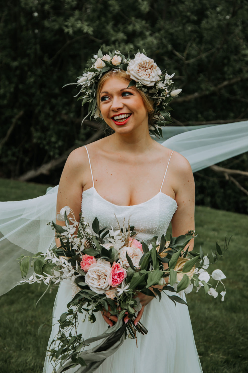 Bouquet Flowers Bride Bridal Greenery Pink Rose Ribbon Flower CrownTea Party Wedding Charly Mae Photography