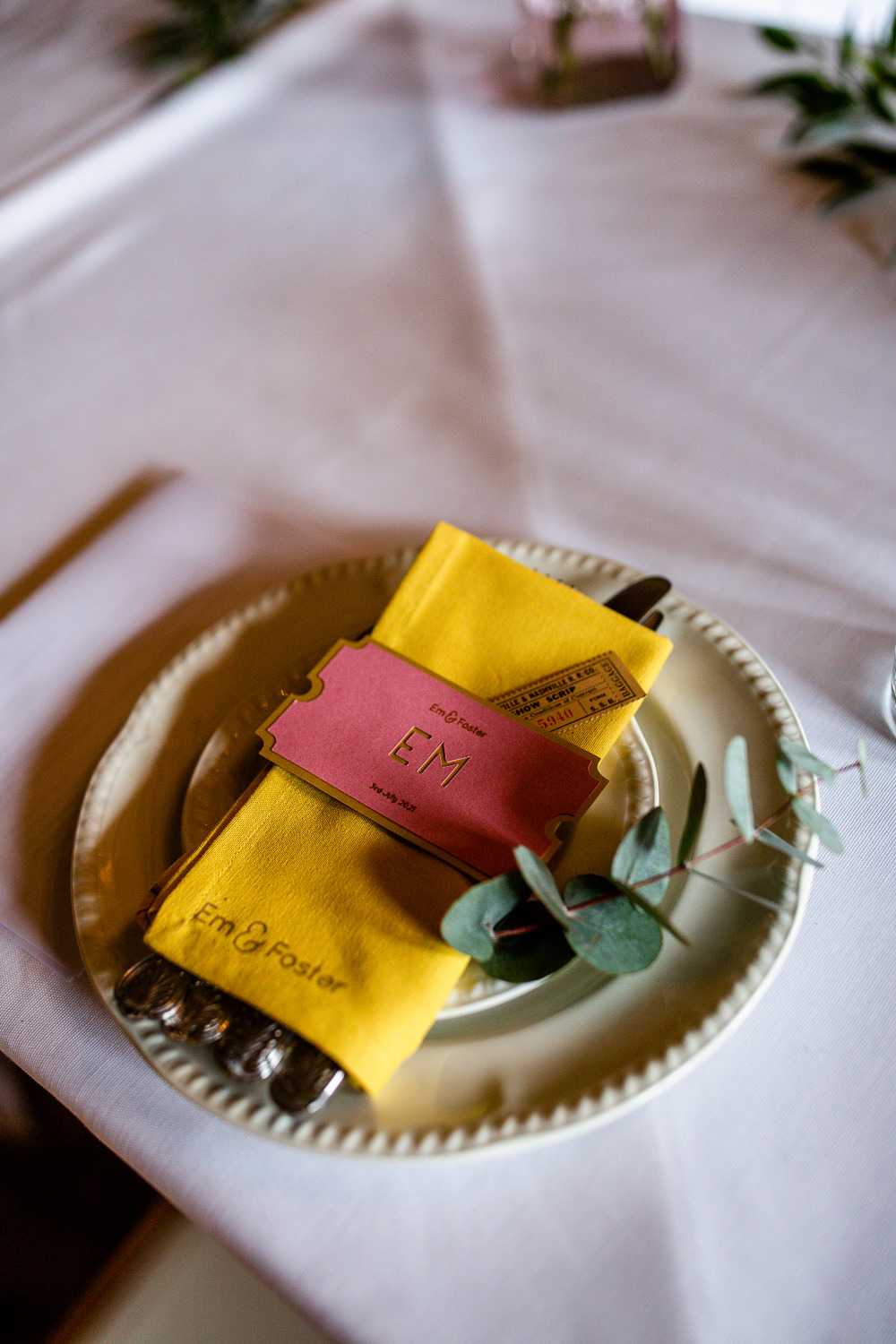 Place Setting Decor Ticket Napkin Eucalyptus Travel Theme Wedding Livvy Hukins Photography