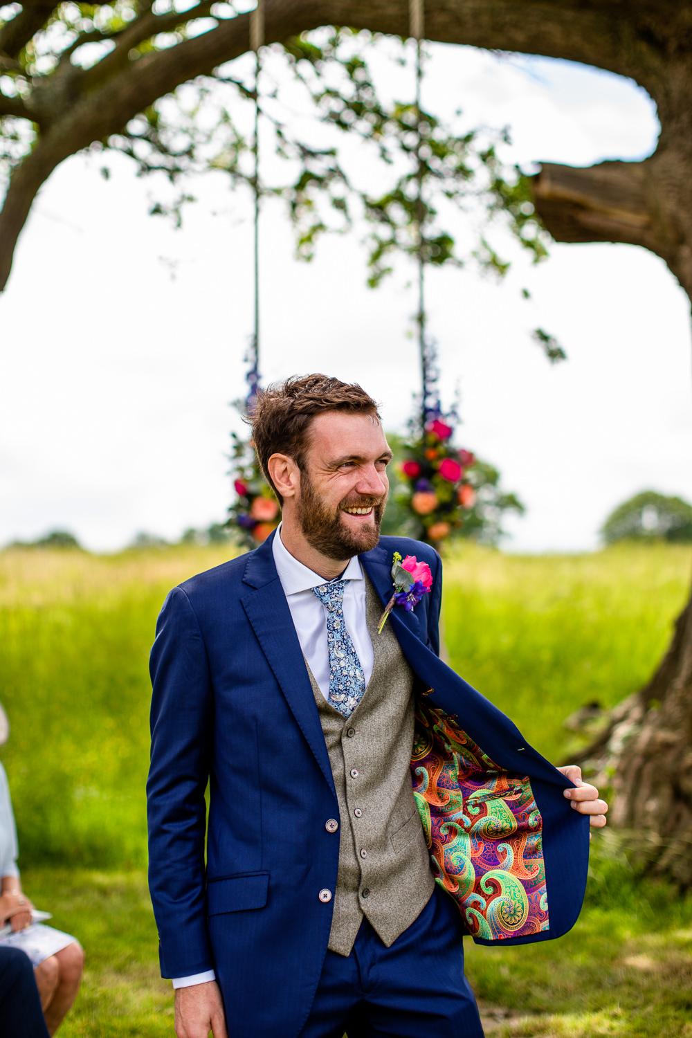 Groom Suit Blue Lining Grey Waistcoat Floral Tie Travel Theme Wedding Livvy Hukins Photography