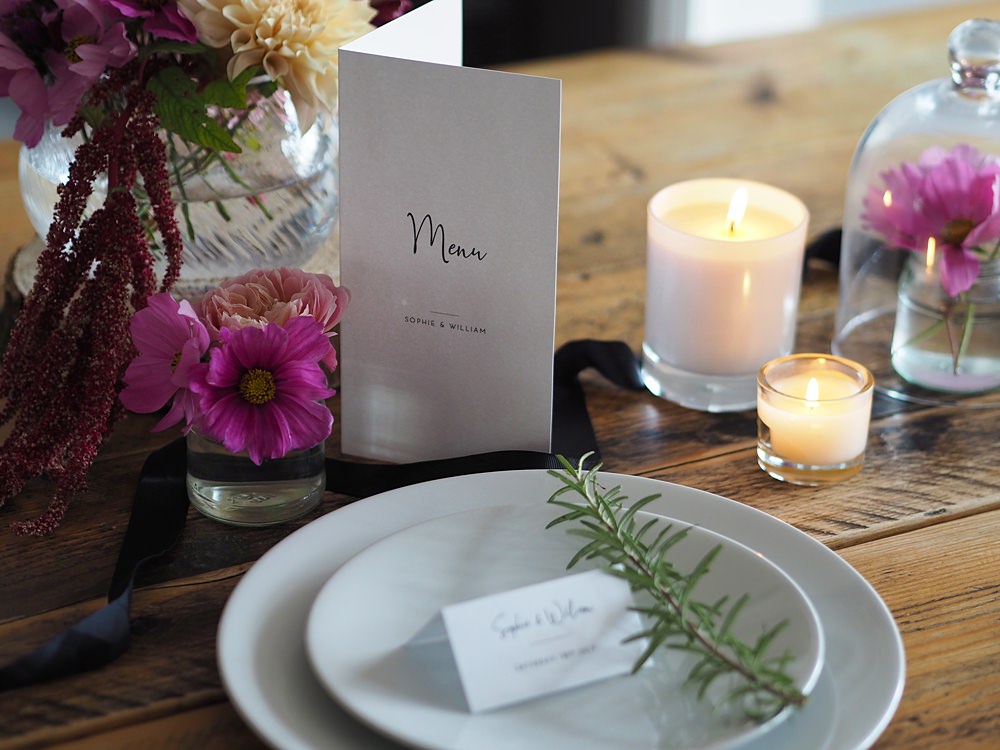 Wedding Table Decor Ideas Stationery Menu Card Autumn Flowers Chic Calligraphy Stationery Place Setting