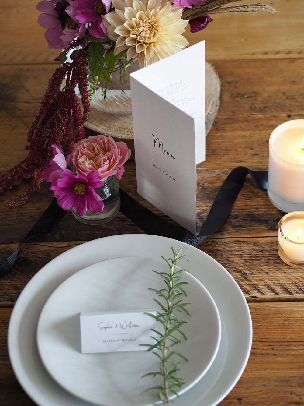 Wedding Table Decor Ideas Stationery Menu Card Autumn Flowers Chic Calligraphy Stationery Place Setting