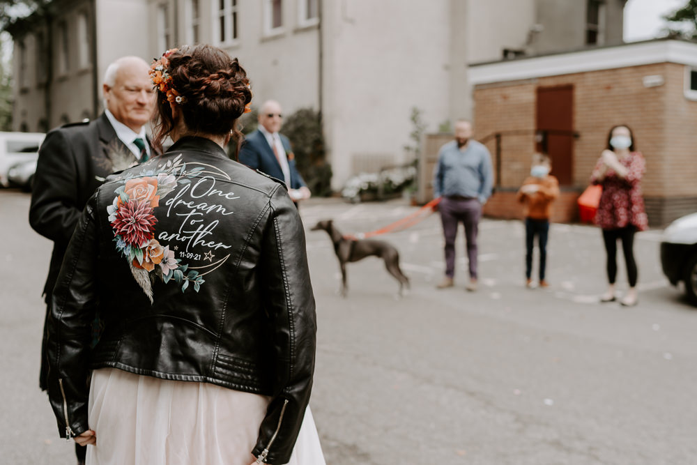 Bride Bridal Leather Jacket Painted Arnot Hill House Wedding Gina Fernandes Photography