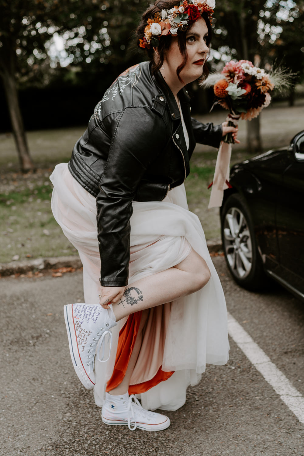 Dress Gown Bride Bridal Ombre Orange Dip Dye Leather Jacket Converse Arnot Hill House Wedding Gina Fernandes Photography