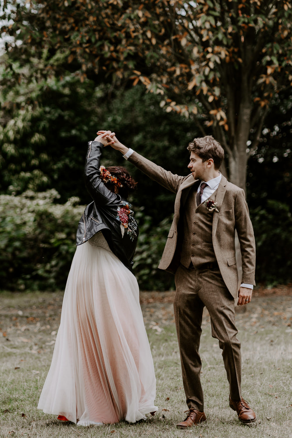 Dress Gown Bride Bridal Ombre Orange Dip Dye Leather Jacket Arnot Hill House Wedding Gina Fernandes Photography