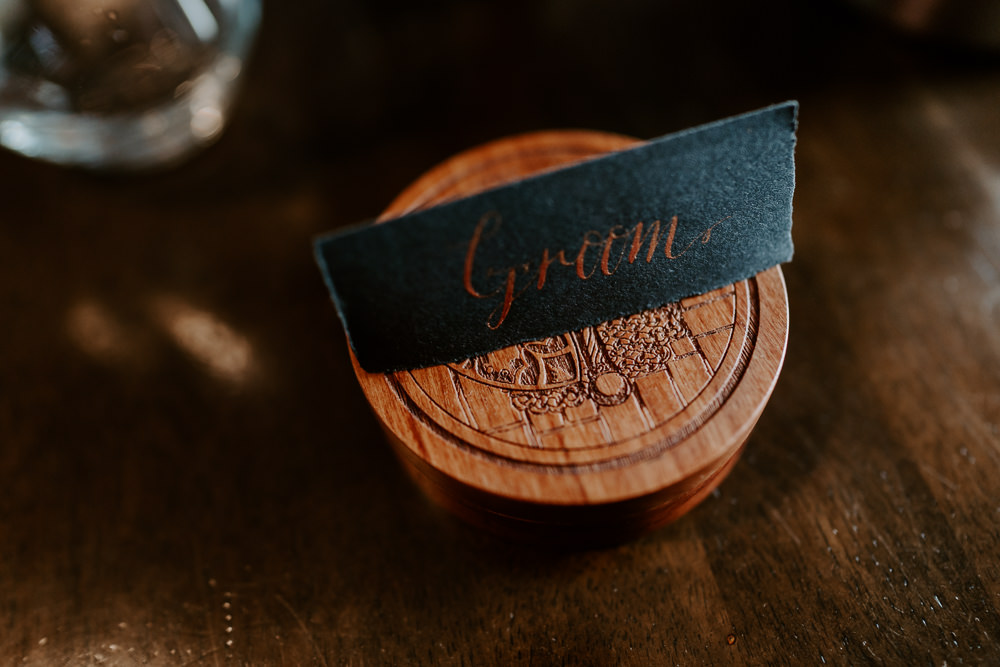 Place Name Setting Copper Calligraphy Navy Card Arnot Hill House Wedding Gina Fernandes Photography