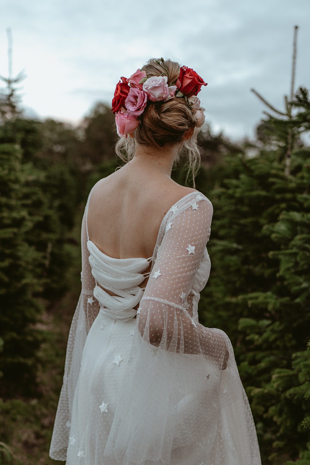 Bride Bridal Hairstyle Up Do Flowers Christmas Tree Farm Wedding Adrianna Piorun Photography