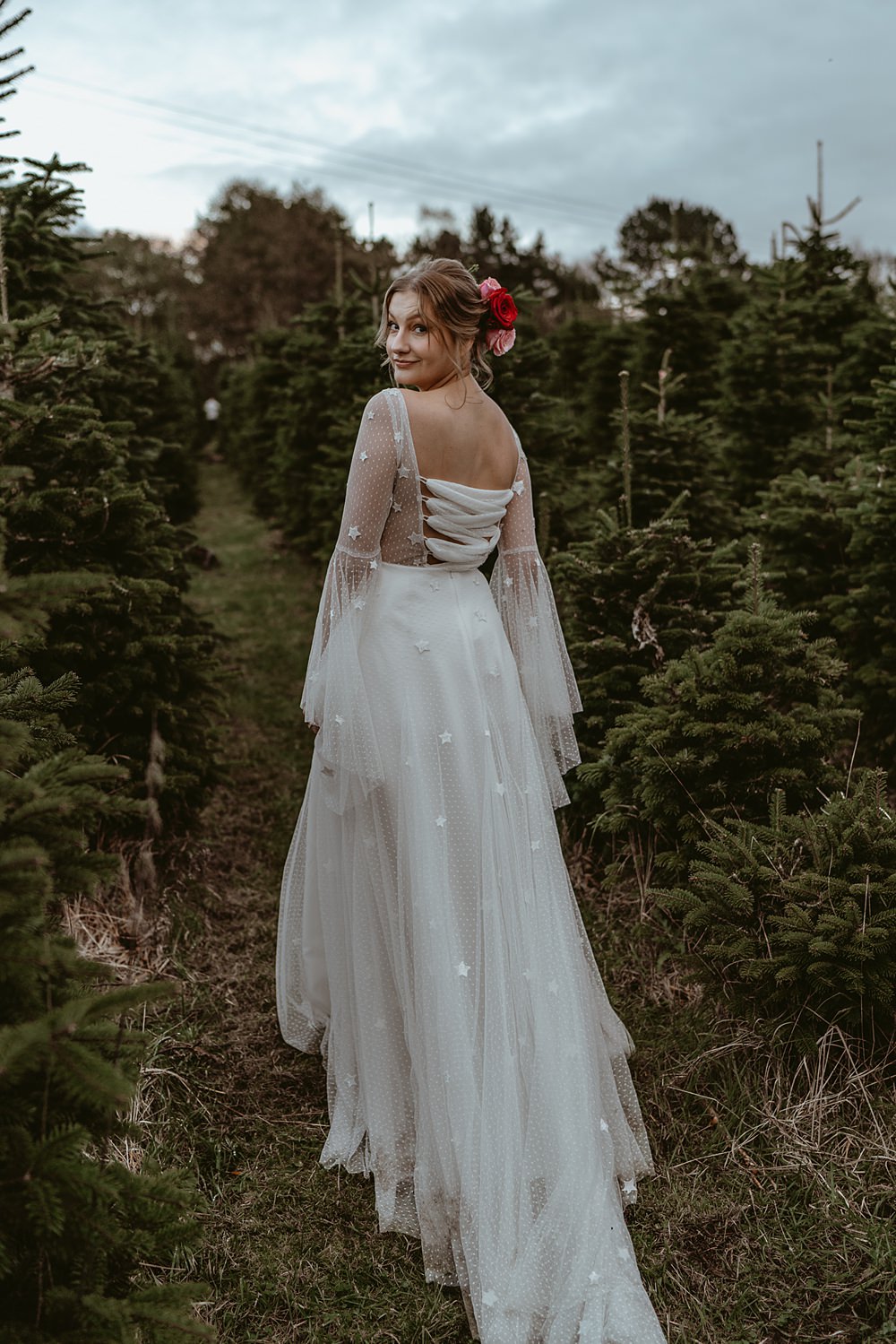 Dress Gown Bride Bridal Stars Tulle Sleeves Christmas Tree Farm Wedding Adrianna Piorun Photography