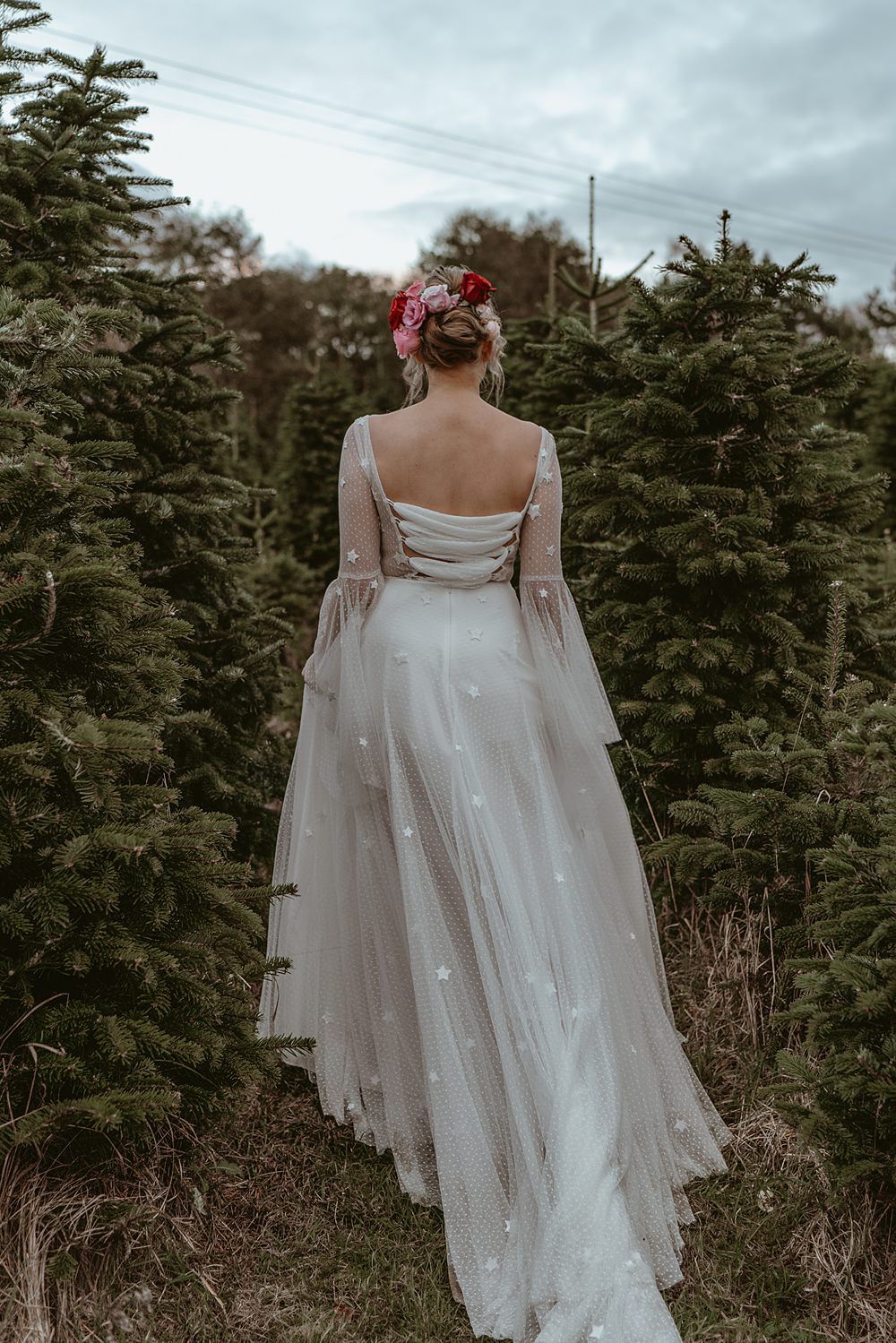 Dress Gown Bride Bridal Stars Tulle Sleeves Christmas Tree Farm Wedding Adrianna Piorun Photography