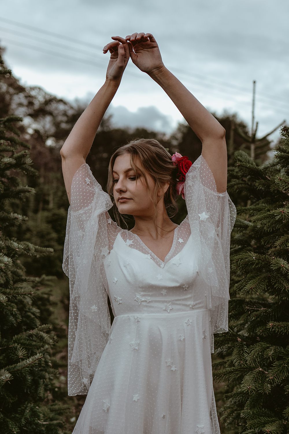 Dress Gown Bride Bridal Stars Tulle Sleeves Christmas Tree Farm Wedding Adrianna Piorun Photography