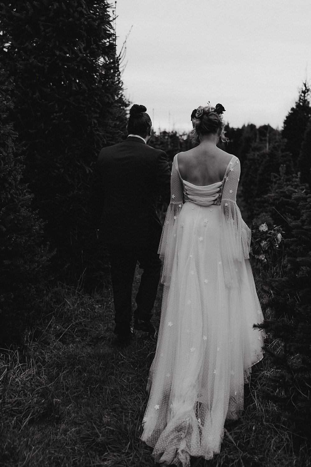 Dress Gown Bride Bridal Stars Tulle Sleeves Christmas Tree Farm Wedding Adrianna Piorun Photography