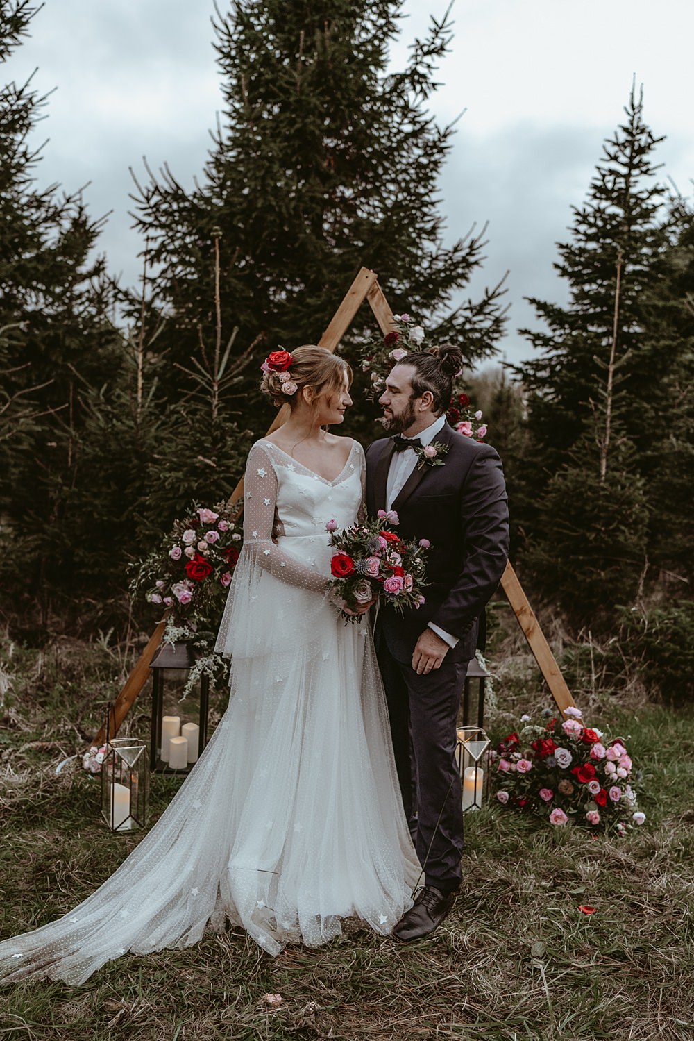 Triangle Arch Ceremony Flowers Backdrop Christmas Tree Farm Wedding Adrianna Piorun Photography