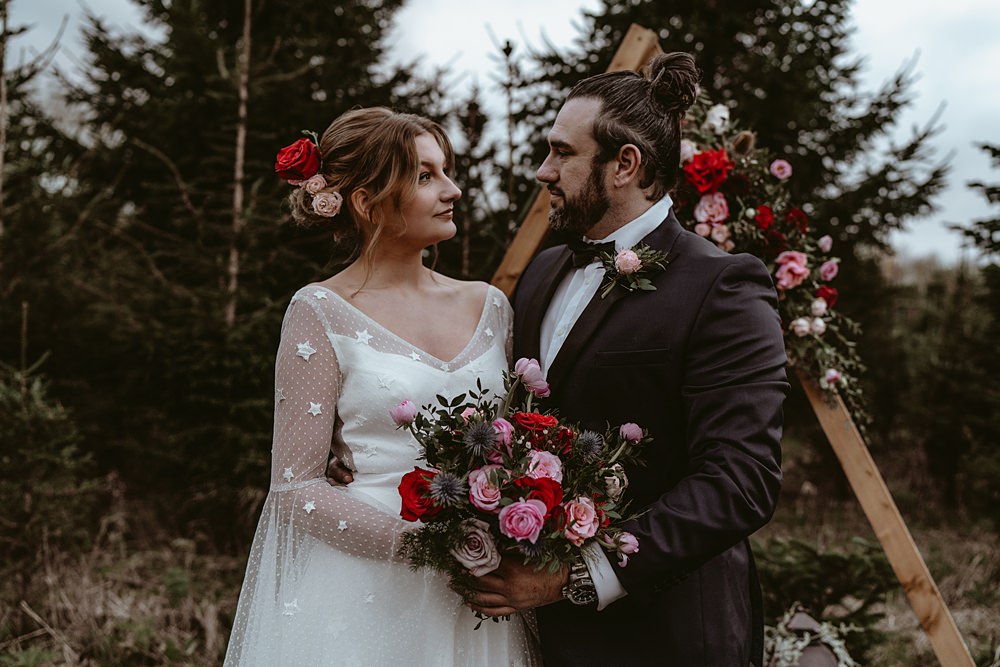 Triangle Arch Ceremony Flowers Backdrop Christmas Tree Farm Wedding Adrianna Piorun Photography