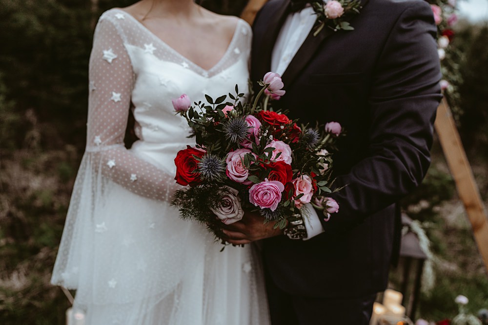 Bride Bridal Bouquet Flowers Red Pink Rose Thistle Christmas Tree Farm Wedding Adrianna Piorun Photography