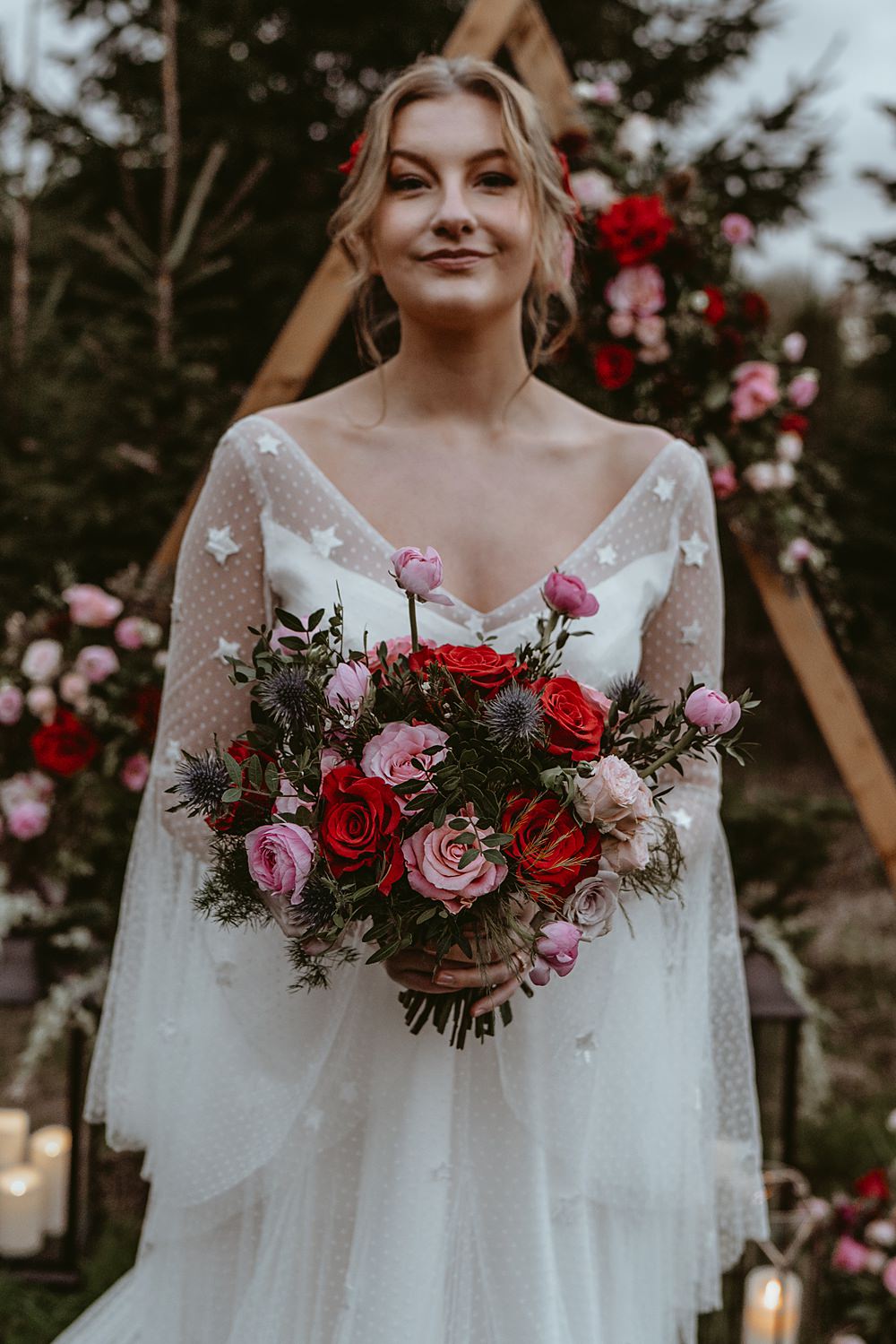 Bride Bridal Bouquet Flowers Red Pink Rose Thistle Christmas Tree Farm Wedding Adrianna Piorun Photography
