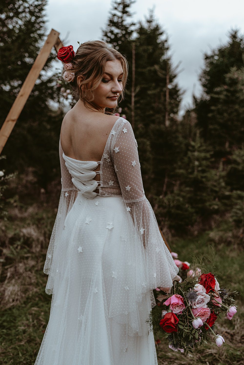 Dress Gown Bride Bridal Stars Tulle Sleeves Christmas Tree Farm Wedding Adrianna Piorun Photography