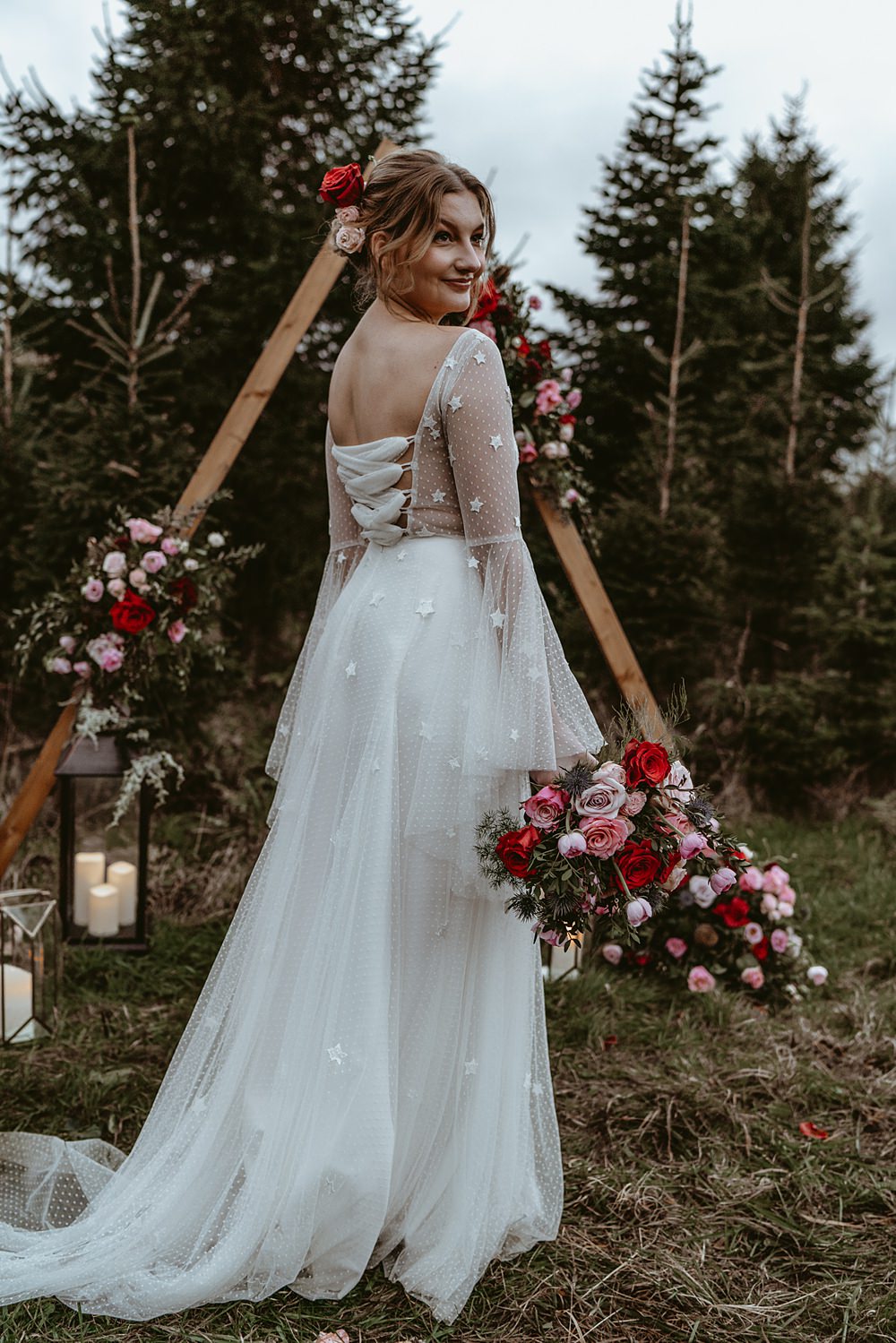 Dress Gown Bride Bridal Stars Tulle Sleeves Christmas Tree Farm Wedding Adrianna Piorun Photography