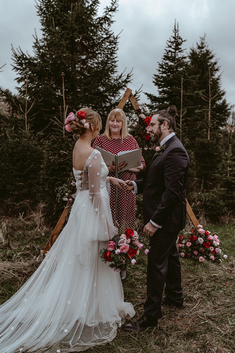 Triangle Arch Ceremony Flowers Backdrop Christmas Tree Farm Wedding Adrianna Piorun Photography