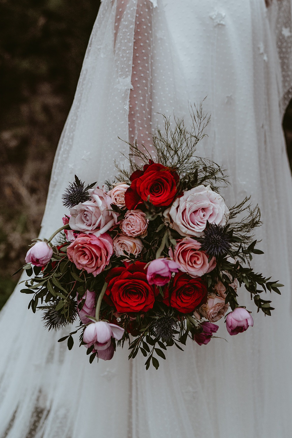 Bride Bridal Bouquet Flowers Red Pink Rose Thistle Christmas Tree Farm Wedding Adrianna Piorun Photography