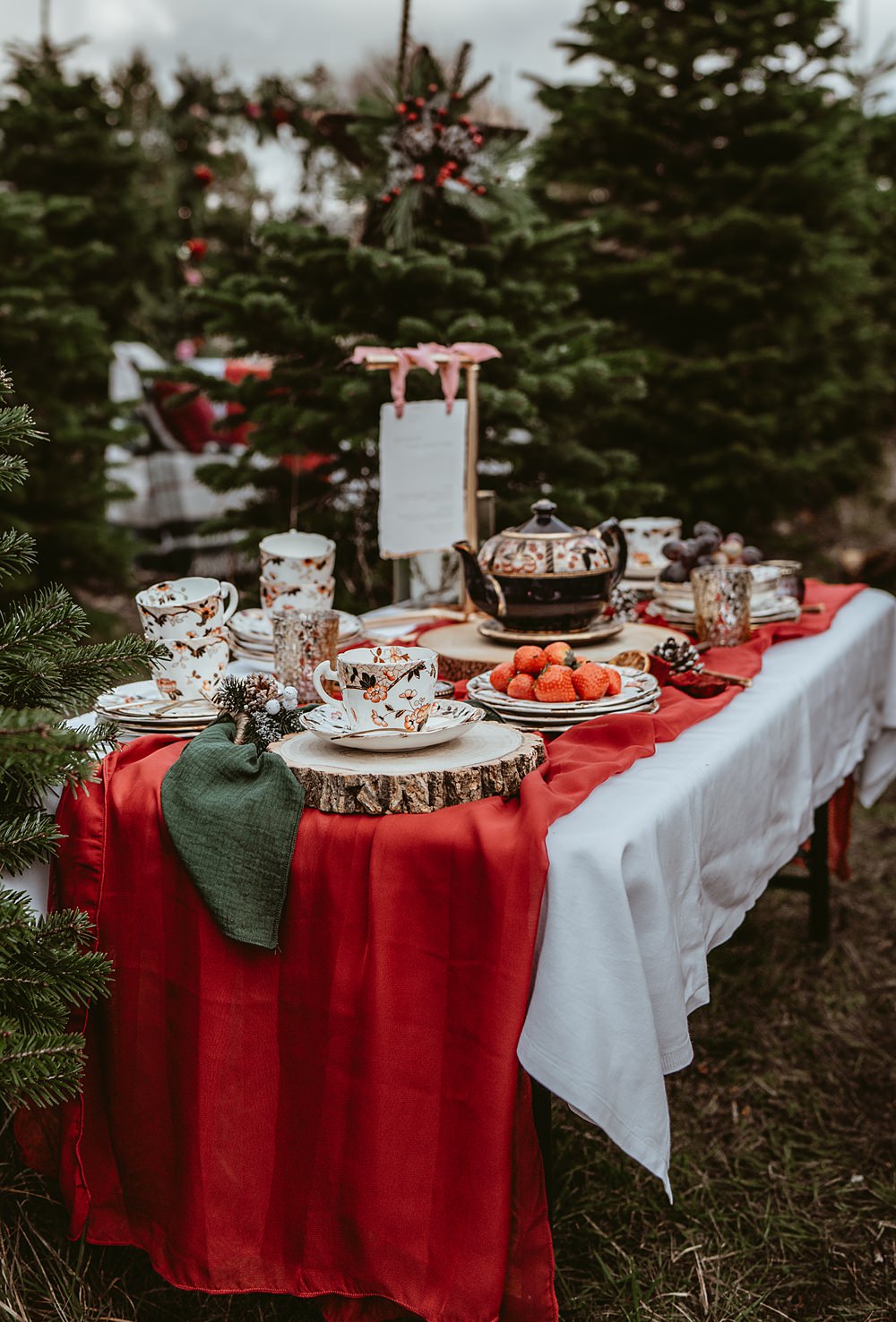 Afternoon Tea Table Christmas Tree Farm Wedding Adrianna Piorun Photography