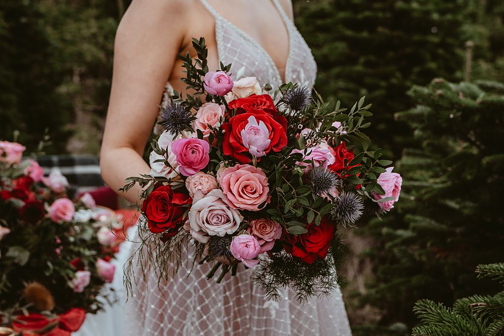 Bride Bridal Bouquet Flowers Red Pink Rose Thistle Christmas Tree Farm Wedding Adrianna Piorun Photography